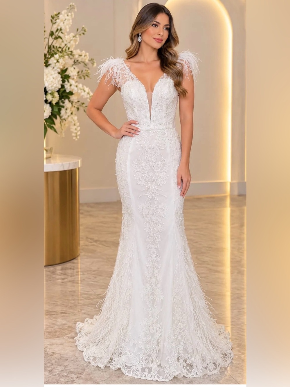Alyce Elegant White Long 0162 Feather-Trim Evening Gown Sz 4